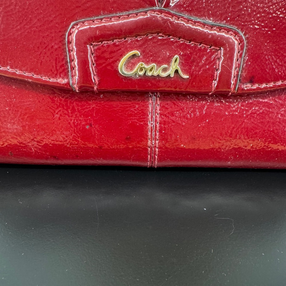Coach Womens Cherry Red Crinkle Patent Leather Slim Envelope Wallet Logo Plate - Picture 2 of 11